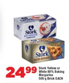 Stork Yellow or White 80% Baking Margarine 500 g Brick EACH