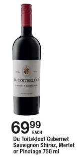 Du Toitskloof Cabernet Sauvignon Shiraz, Merlot or Pinotage 750 ml