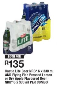 Castle Lite Beer NRB 6 x 330 ml AND Flying Fish Pressed Lemon or Dry Apple Flavoured Beer NRB 6 x 330 ml PER COMBO