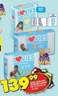 LOVIES VALUE PACK DISPOSABLE NAPPIES 40/42/44/50/56 per pack