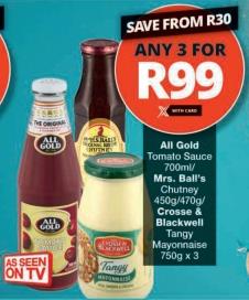 All Gold Tomato Sauce 700ml / Mrs. Ball's Chutney 450g/470g/ Crosse & Blackwell Tangy Mayonnaise 750g