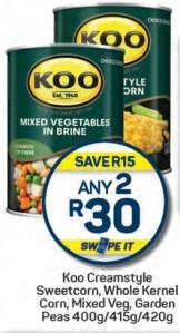 Koo Creamstyle Sweetcorn, Whole Kernel Corn, Mixed Veg, Garden Peas 400G/415G/420G