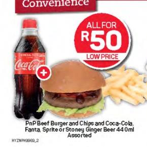 PnP Beef Burger and Chips and Coca-Cola, Fanta, Sprite or Stoney Ginger Beer 440 ml Assorted