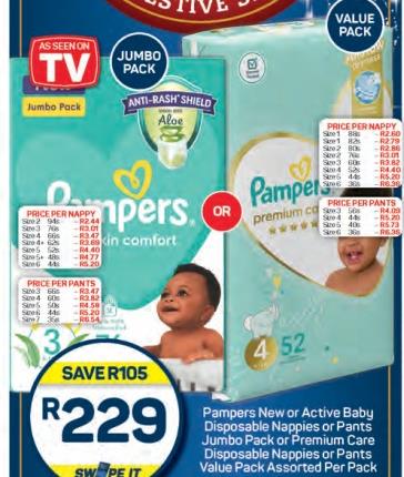 Pampers New or Active Baby Disposable Nappies or Pants Jumbo Pack or Premium Care Disposable Nappies or Pants Value Pack Assorted Per Pack