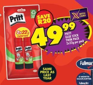 Pritt Glue Stick Twin Pack 2x22g per pack