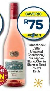 Franschhoek Cellar Unoaked Chardonnay, Sauvignon Blanc, Chenin Blanc or Rosé 750 ml