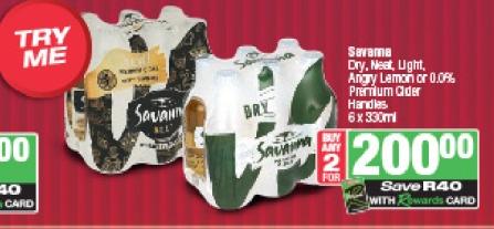 Any 2 Savanna Dry, Neat, Light, Angry Lemon or 0.0% Premium Cider 6 x 330ml