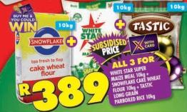 White Star Super Maize Meal 10kg + Snowflake Cake Wheat Flour 10kg + Tastic Long Grain Parboiled Rice 10kg.