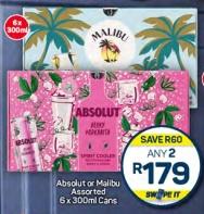 Absolut or Malibu Assorted 6 x 300 ml Cans Any 2