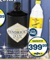 Hendrick's London Dry Gin 750 ml and Schweppes Tonic Water 1 Litre Free