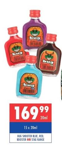 BUG Shooter Blue, Red, Booster or Stag Range 15 x 20 ml