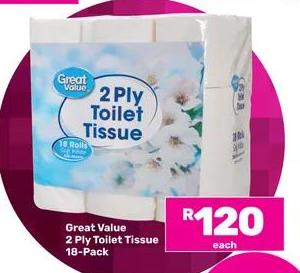 Great Value 2 Ply Toilet Tissue 18-Pack