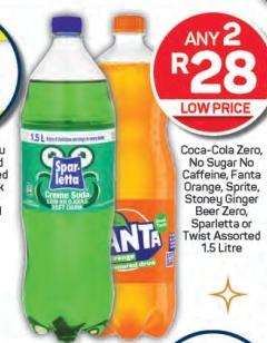 Coca-Cola Zero, No Sugar No Caffeine, Fanta Orange, Sprite, Stoney Ginger Beer Zero, Sparletta or Twist Assorted 1.5 Litre