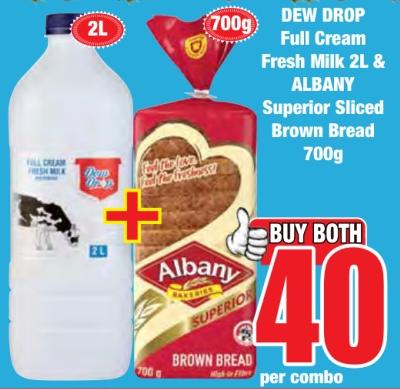 DEW DROP Full Cream Fresh Milk 2L & ALBANY Superior Sliced Brown Bread 700 gm