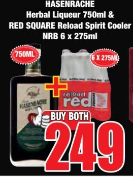 HASENRACHE Herbal Liqueur 750 ml & RED SQUARE Reload Spirit Cooler NRB 6 x 275 ml