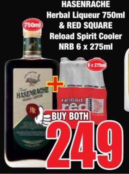 HASENRACHE Herbal Liqueur 750 ml & RED SQUARE Reload Spirit Cooler NRB 6 x 275ml