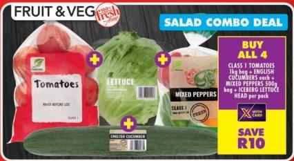 Freshmark CLASS 1 TOMATOES 1kg bag +ENGLISH CUCUMBERS Each + MIXED PEPPERS 500 bag + ICEBERG LETTUCE HEAD per pack