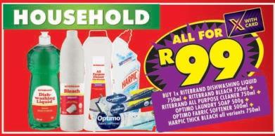 BUY 1 x RITEBRAND DISHWASHING LIQUID 750ml + RITEBRAND BLEACH 750ml+ RITERRAND ALL PURPOSE CLEANER 750ml + OPTIMO LAUNDRY SOAP 500g+ OPTIMO FABRIC SOFTENER 500ml+ HARPIC THICK BLEACH all variants 750ml