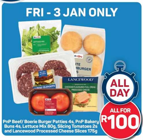 PnP Beef/ Boerie Burger Patties 4s, PnP Bakery Buns 48, Lettuce Mix 80g, Slicing Tomatoes 2s and Lancewood Processed Cheese Slices 175g